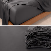 Split image of a close up of the corner of a bed and the elastic of a fitted sheet