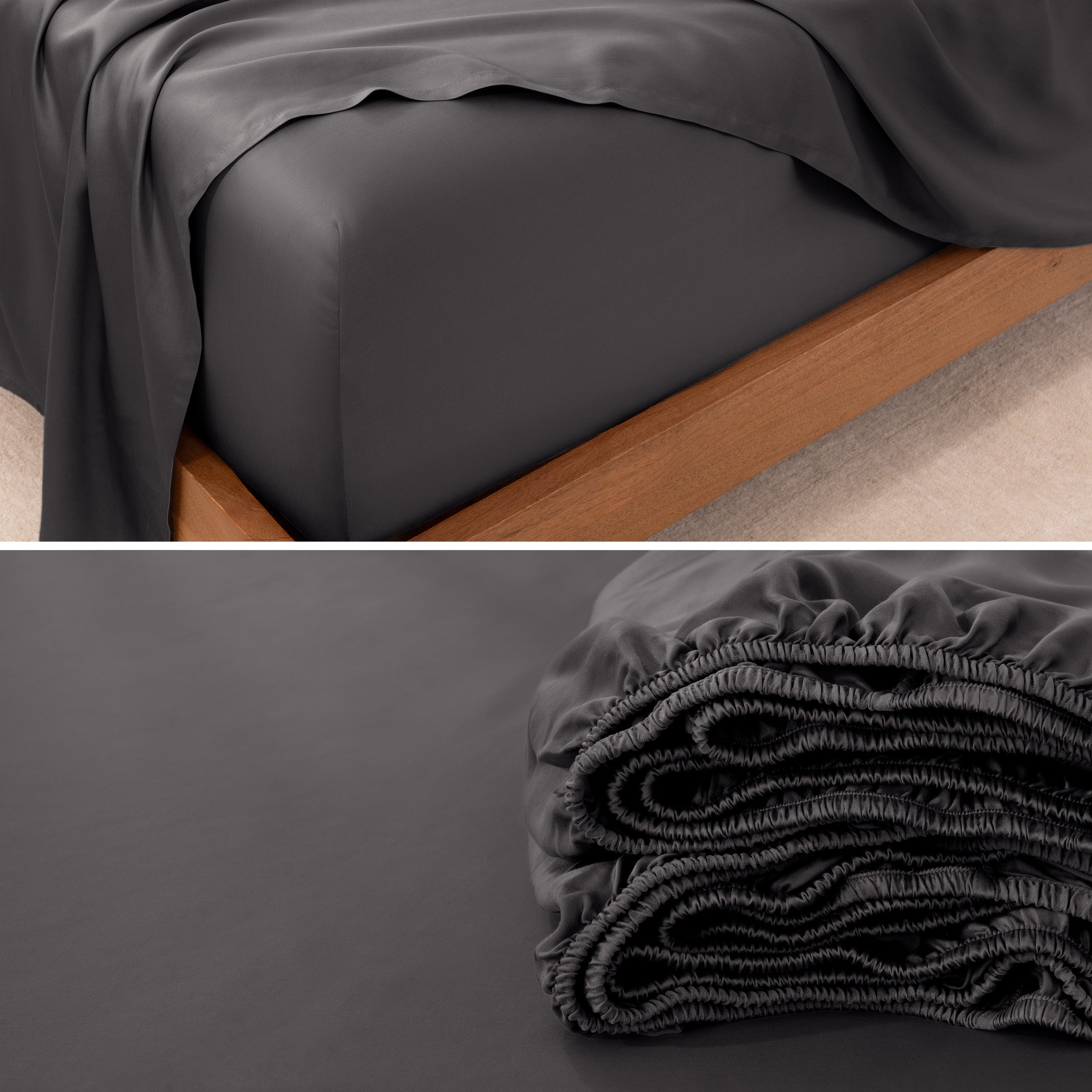 Split image of a close up of the corner of a bed and the elastic of a fitted sheet