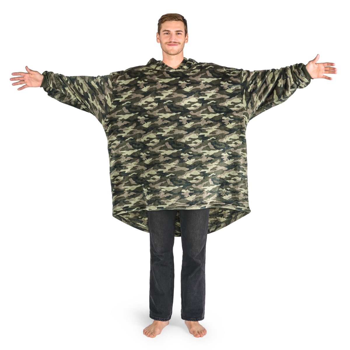 A man wearing a cozy hooded blanket.