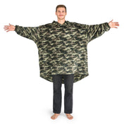 A man wearing a cozy hooded blanket.