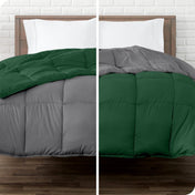 A split image of a reversible comforter showing both colors