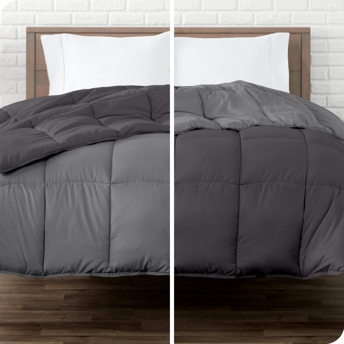 A split image of a reversible comforter showing both colors
