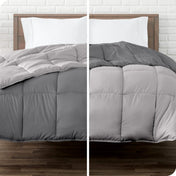 A split image of a reversible comforter showing both colors