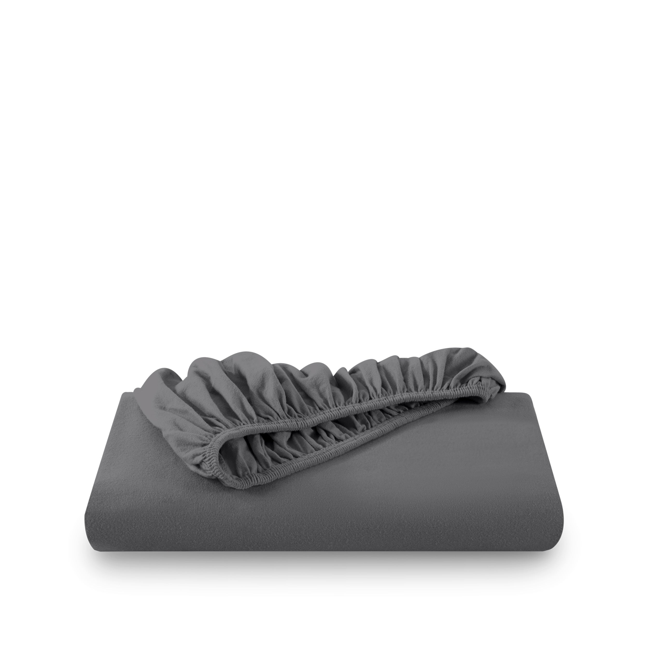 Grey fitted sheet on white background