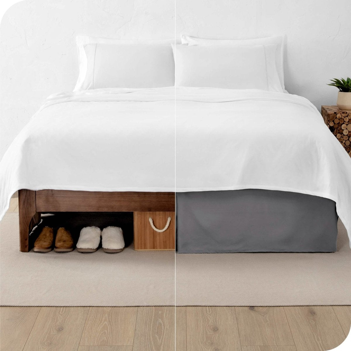A split image showing a bed without a bed skirt on the left and with a bed skirt on the right.