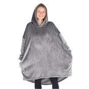 A woman wearing a cozy hooded blanket
