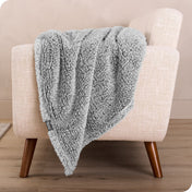 A sherpa blanket is hanging over the edge of a chair