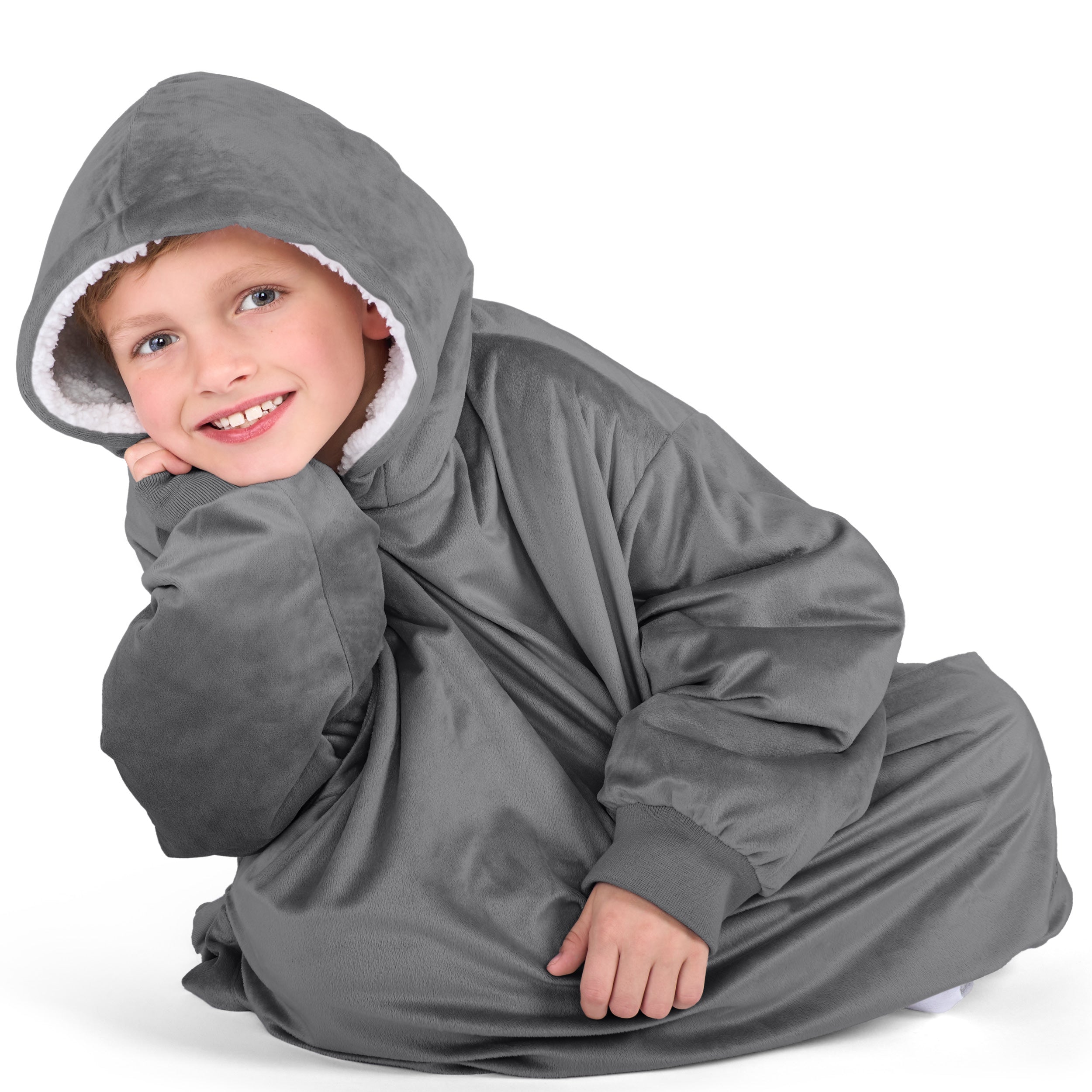Close up of a sherpa wearable blanket on a child