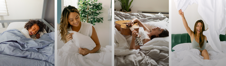 Photo collage of three lifestyle images showing people relaxing on a bed near plants