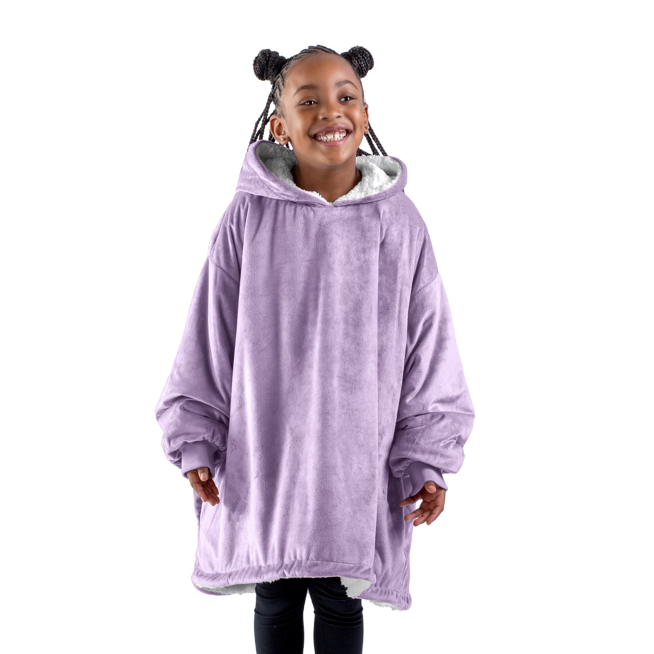 A child with a sherpa wearable blanket on