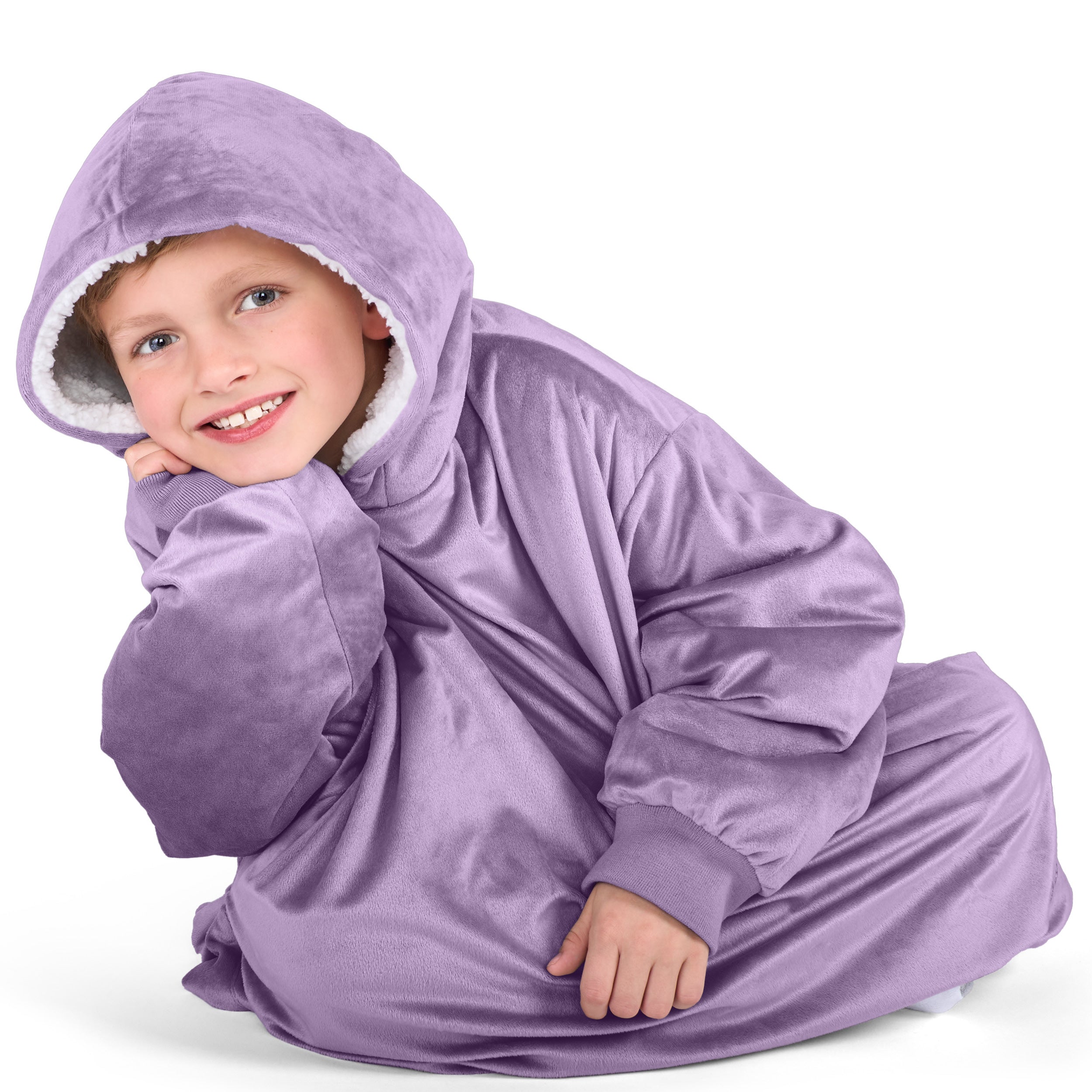 Close up of a sherpa wearable blanket on a child
