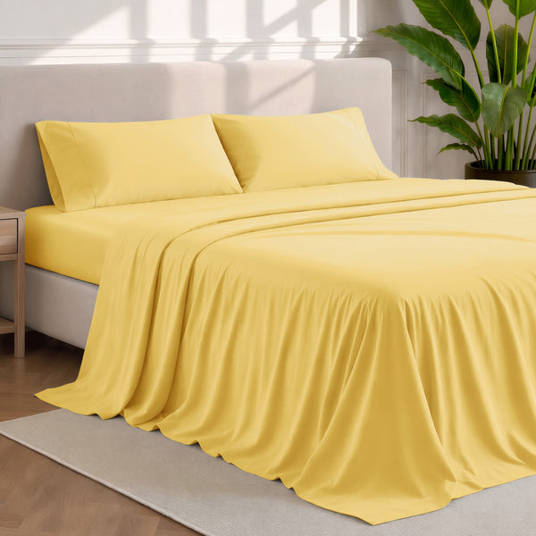 Microfiber sheets and pillowcases in a bedroom stetting