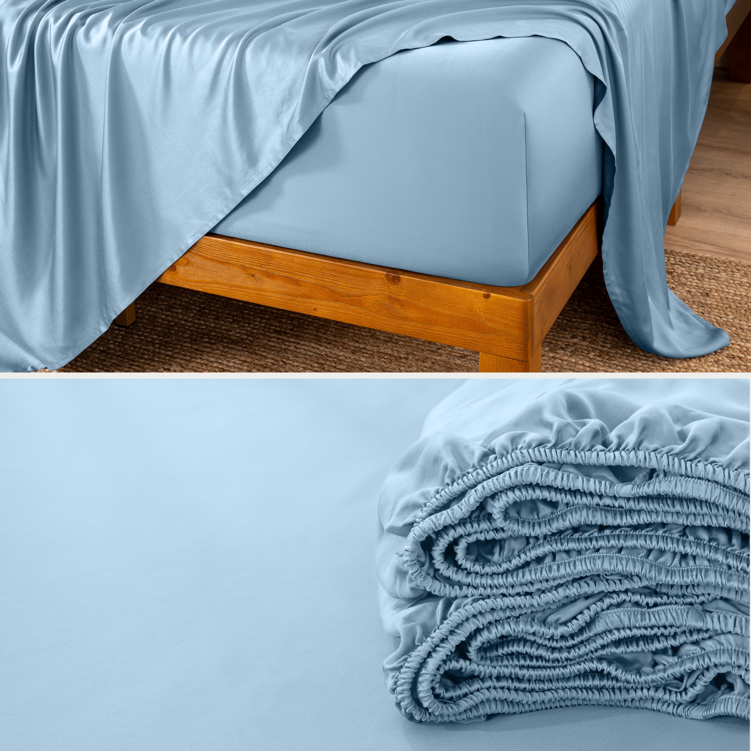 Split image of the corner of a bed and a fitted sheet