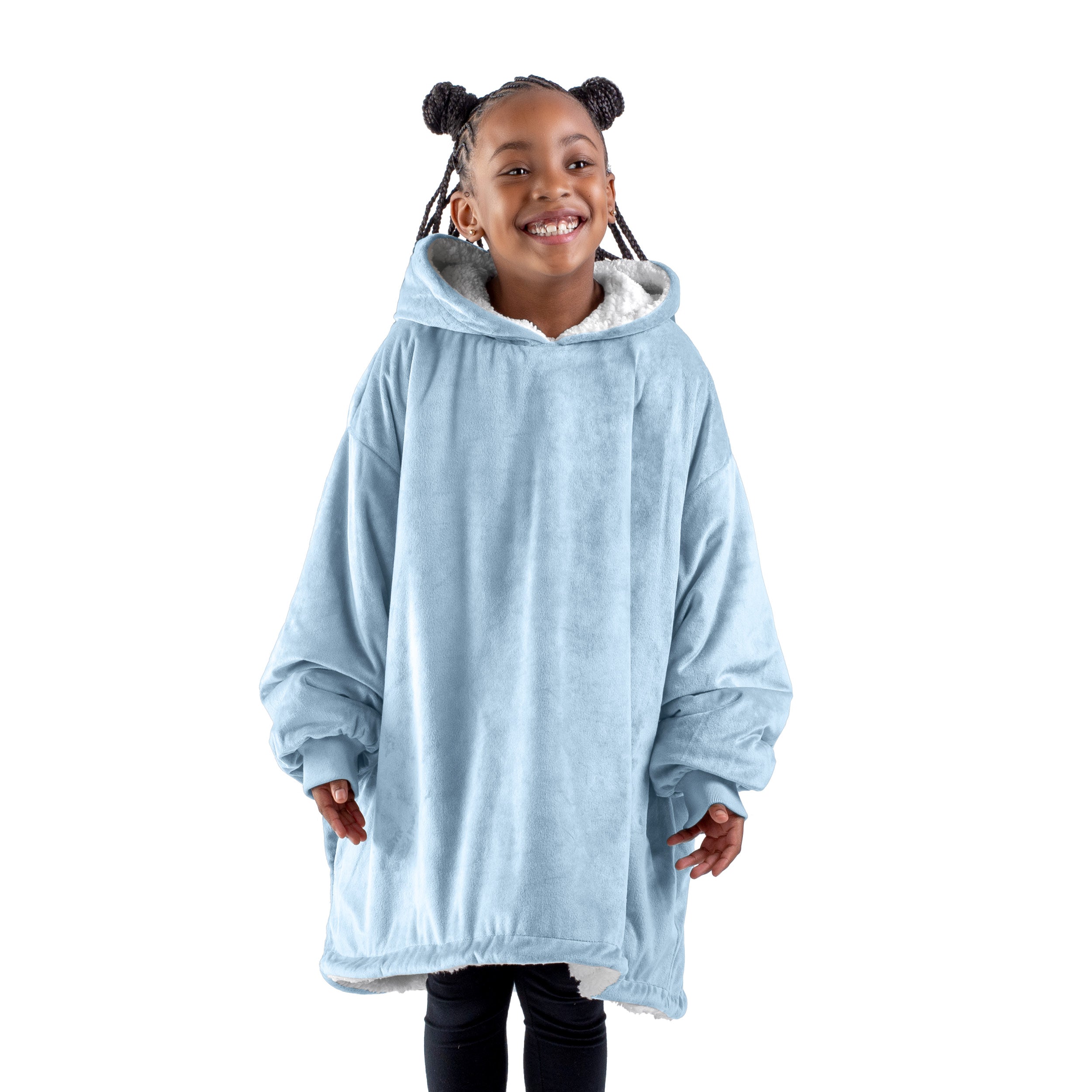 A child with a sherpa wearable blanket on