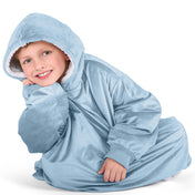 Close up of a sherpa wearable blanket on a child
