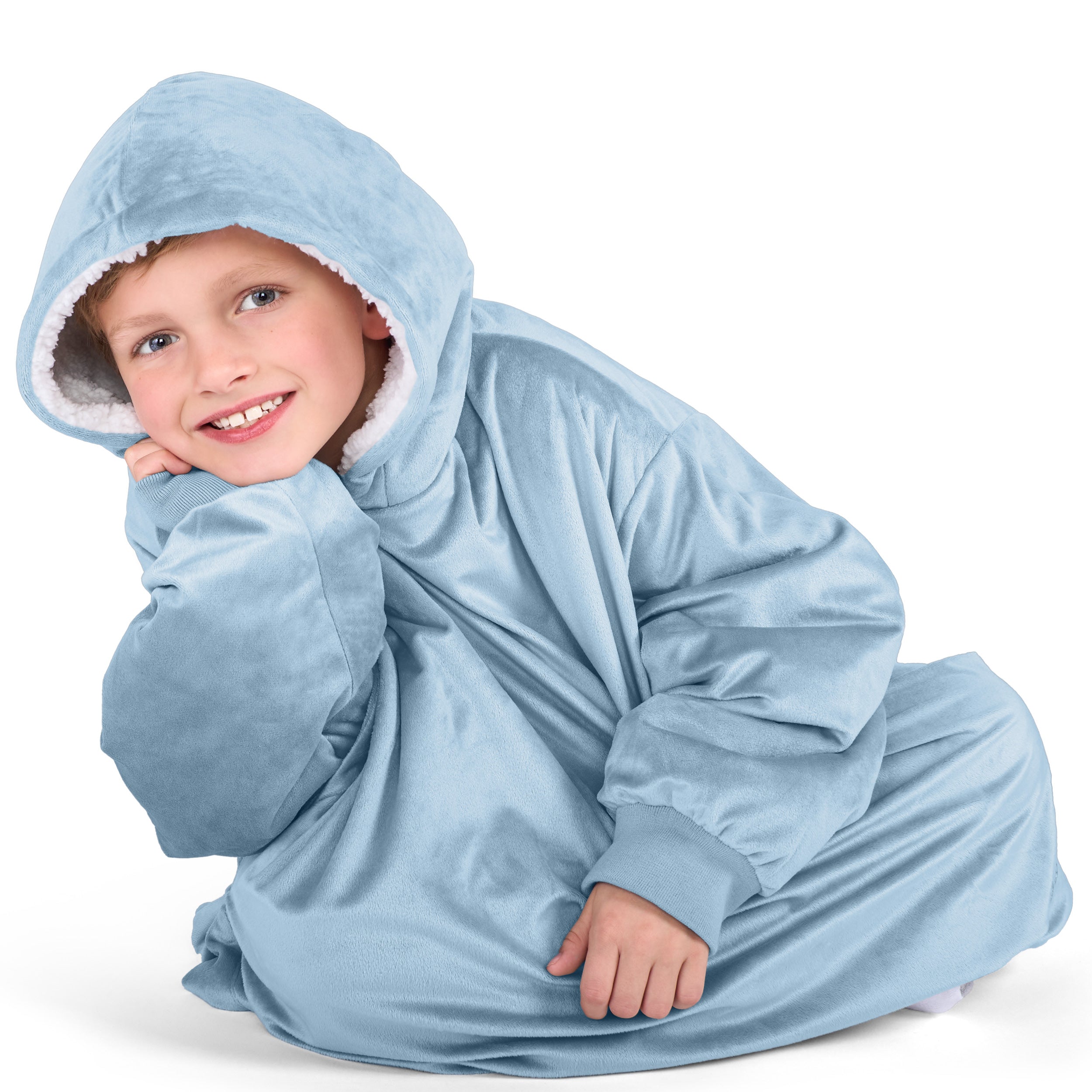 Close up of a sherpa wearable blanket on a child