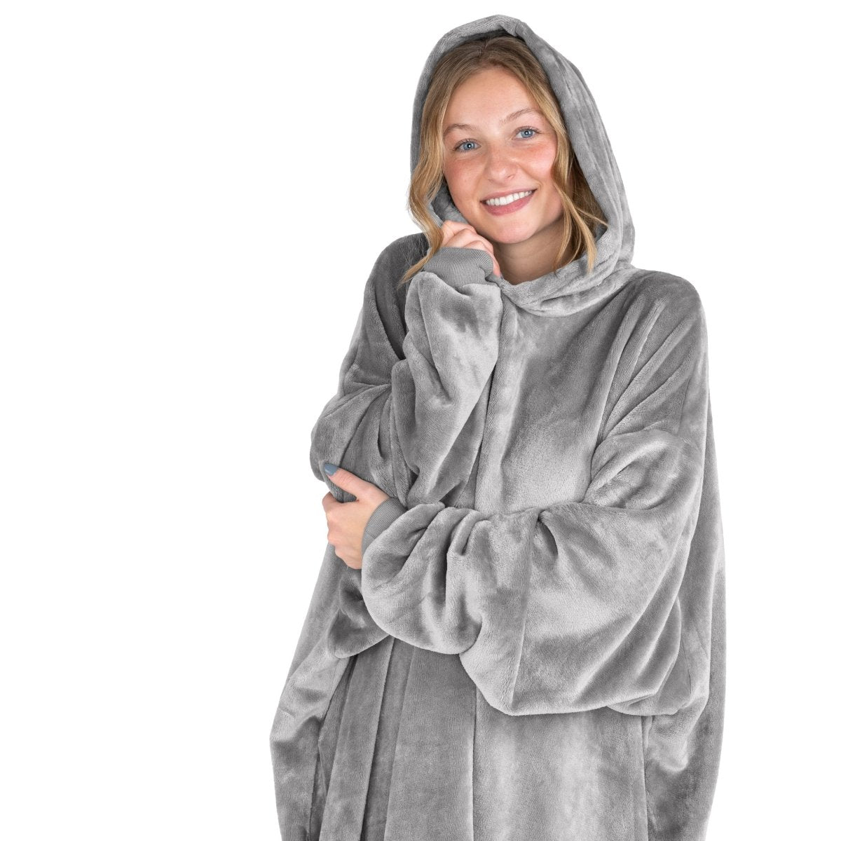 A woman in a wearable blanket