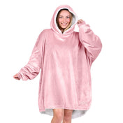 An adult with a sherpa wearable blanket on