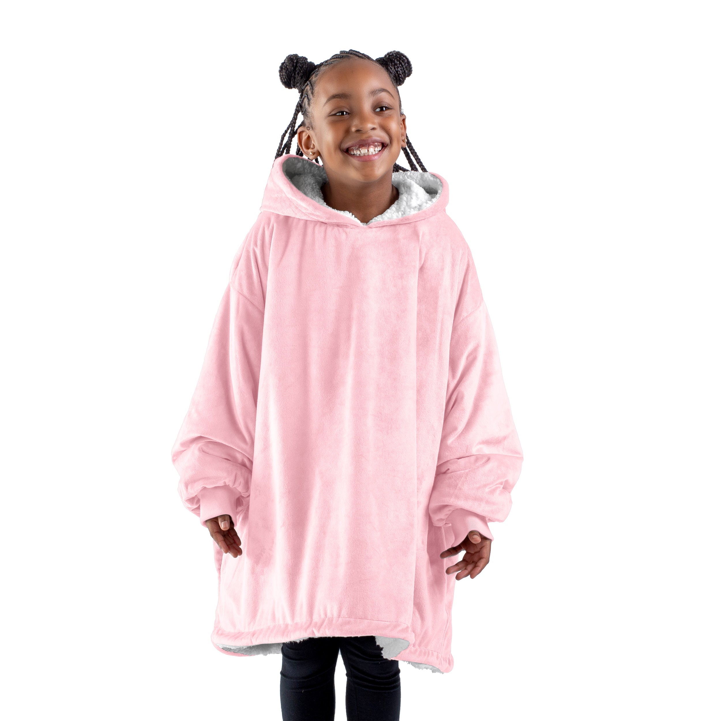 A child with a sherpa wearable blanket on