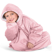 Close up of a sherpa wearable blanket on a child