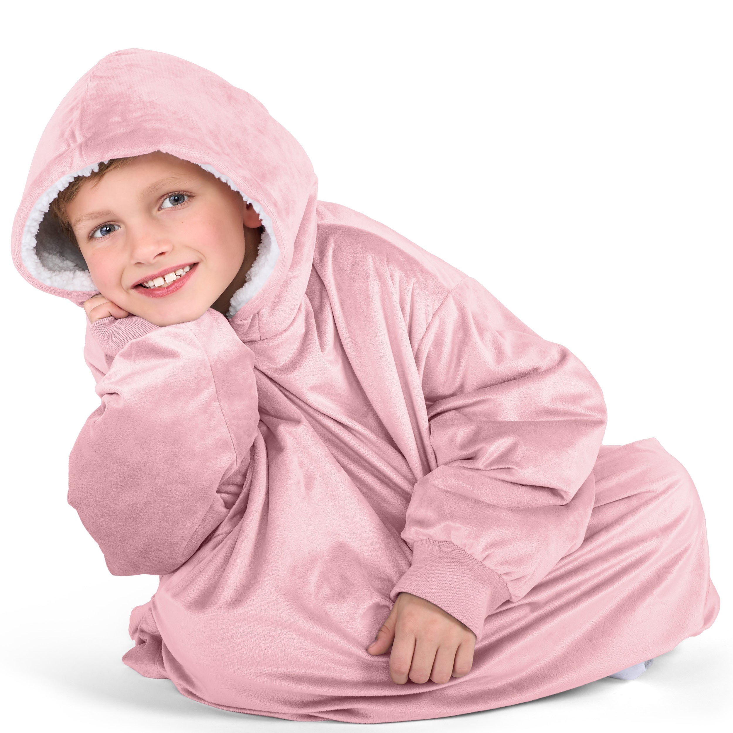 Close up of a sherpa wearable blanket on a child