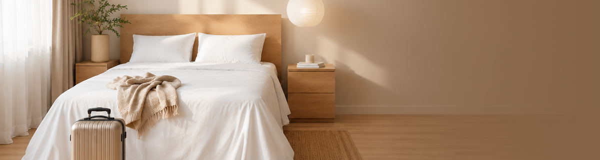 Neatly made bed with white bedding next to a wood nightstand