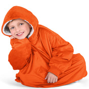 Close up of a sherpa wearable blanket on a child
