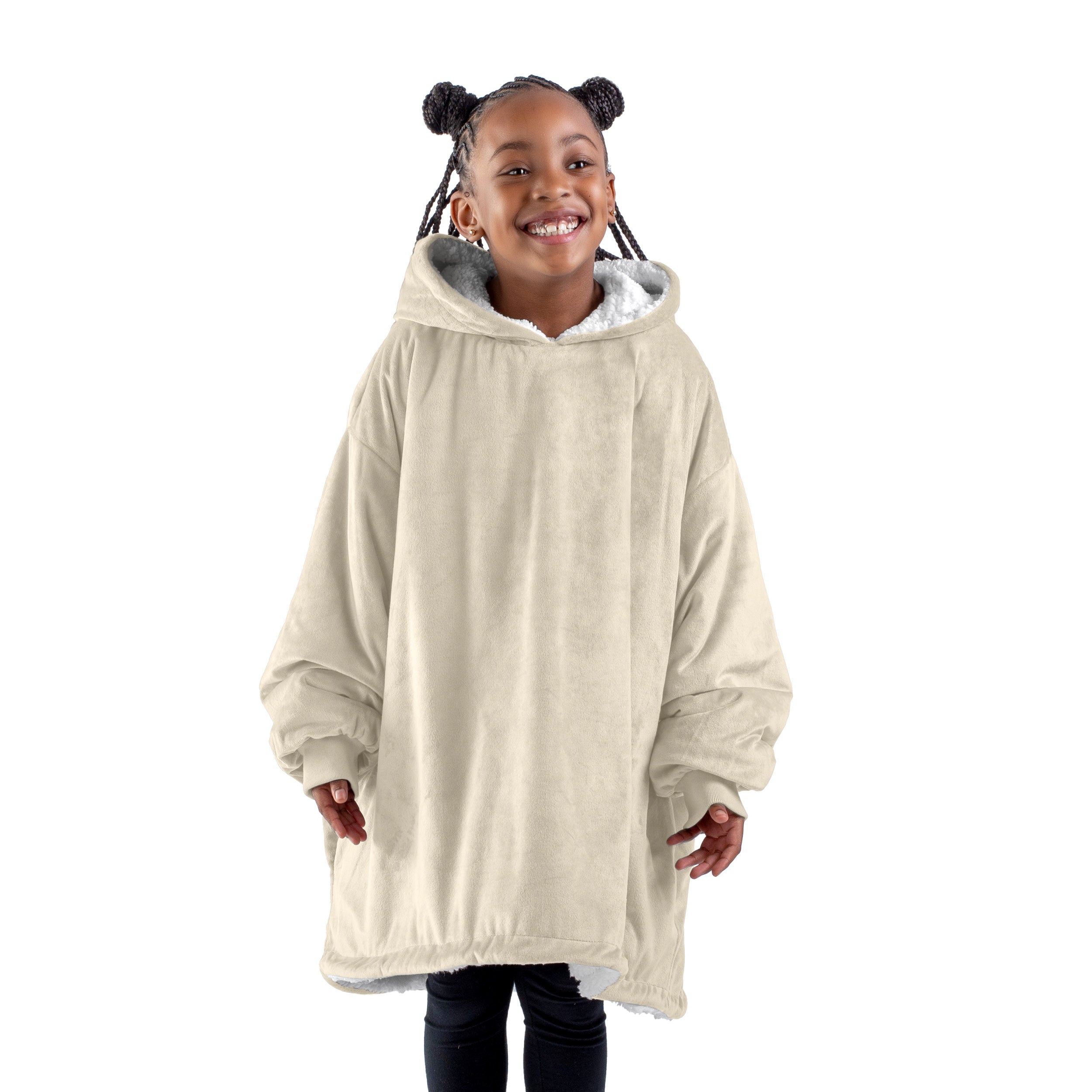 A child with a sherpa wearable blanket on
