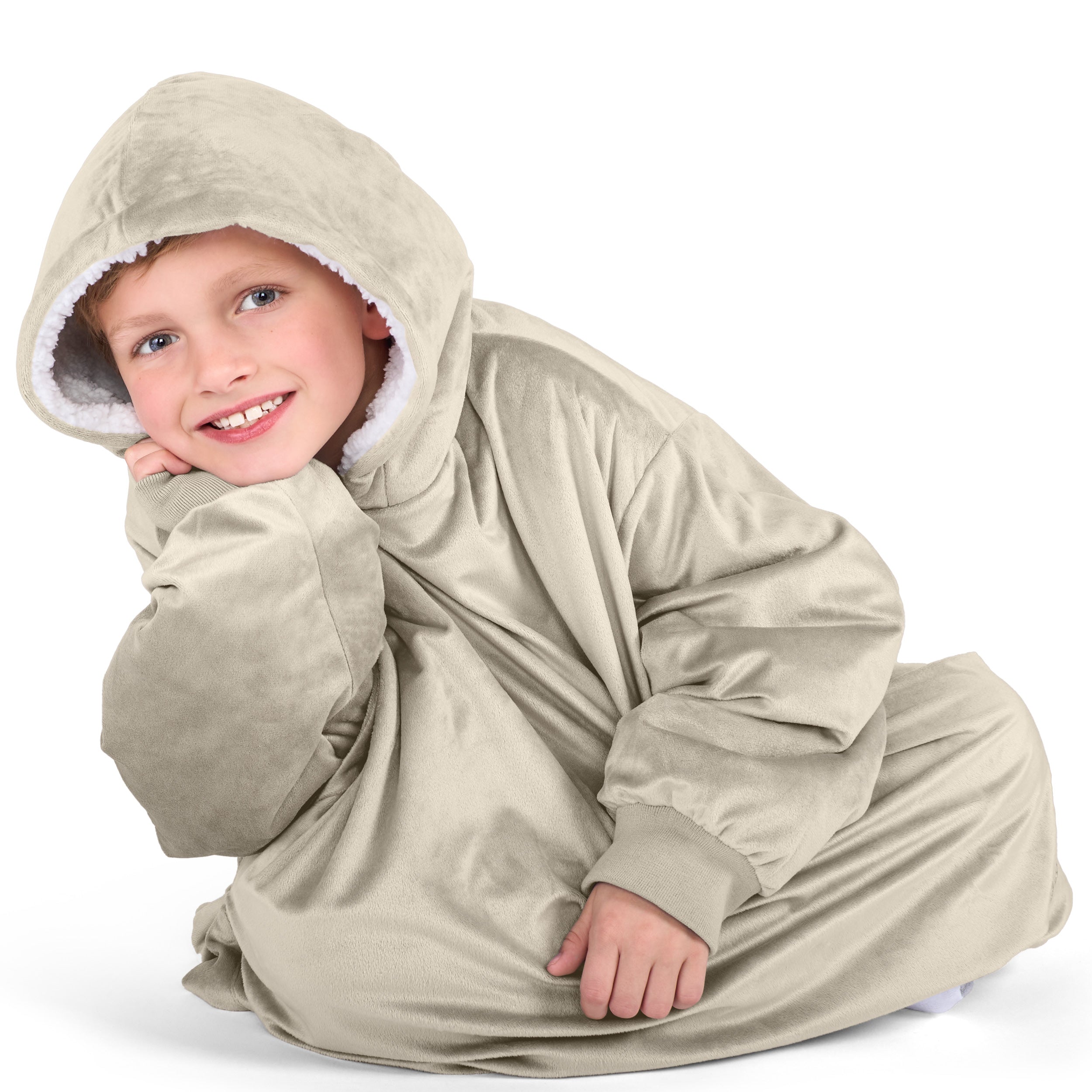 Close up of a sherpa wearable blanket on a child