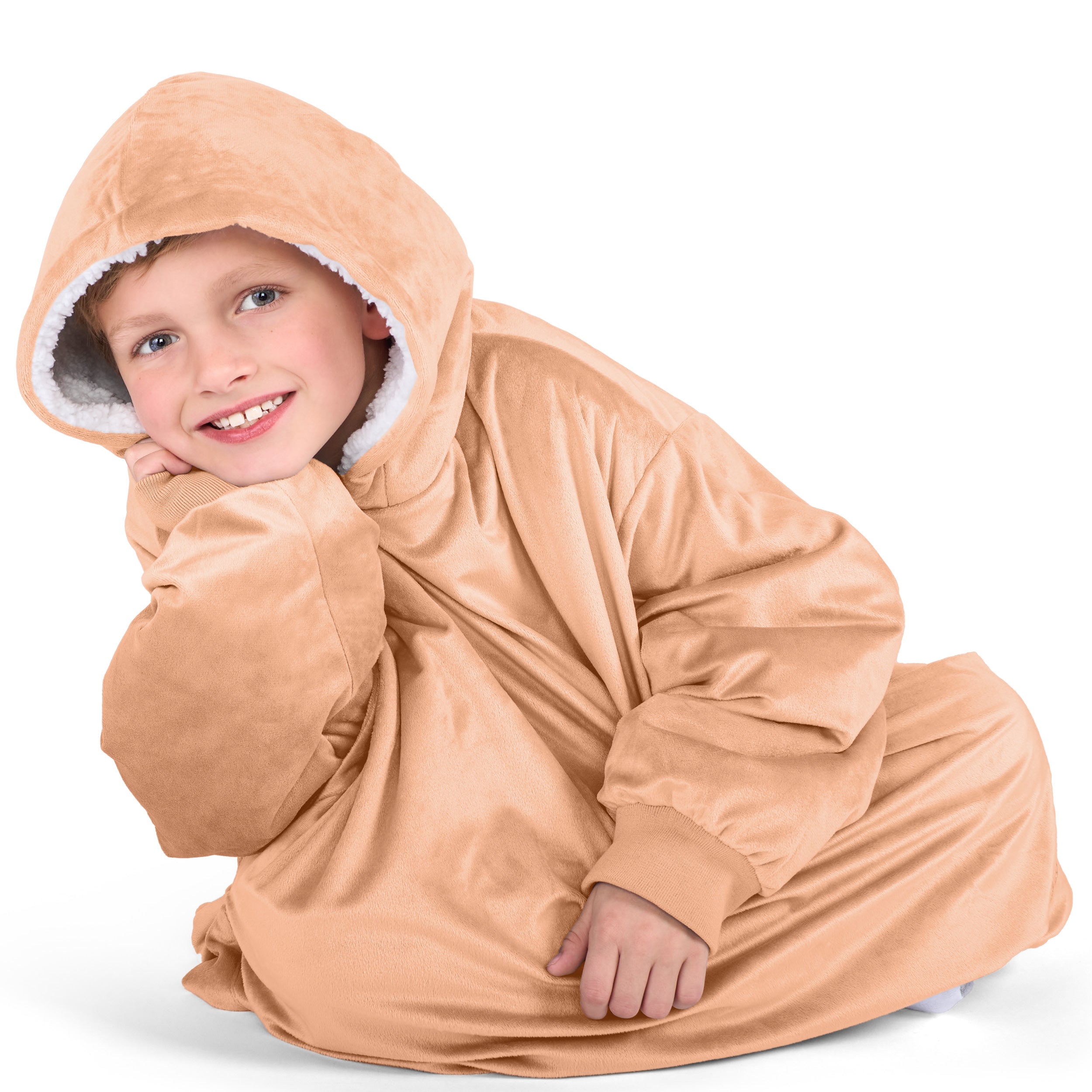 Close up of a sherpa wearable blanket on a child
