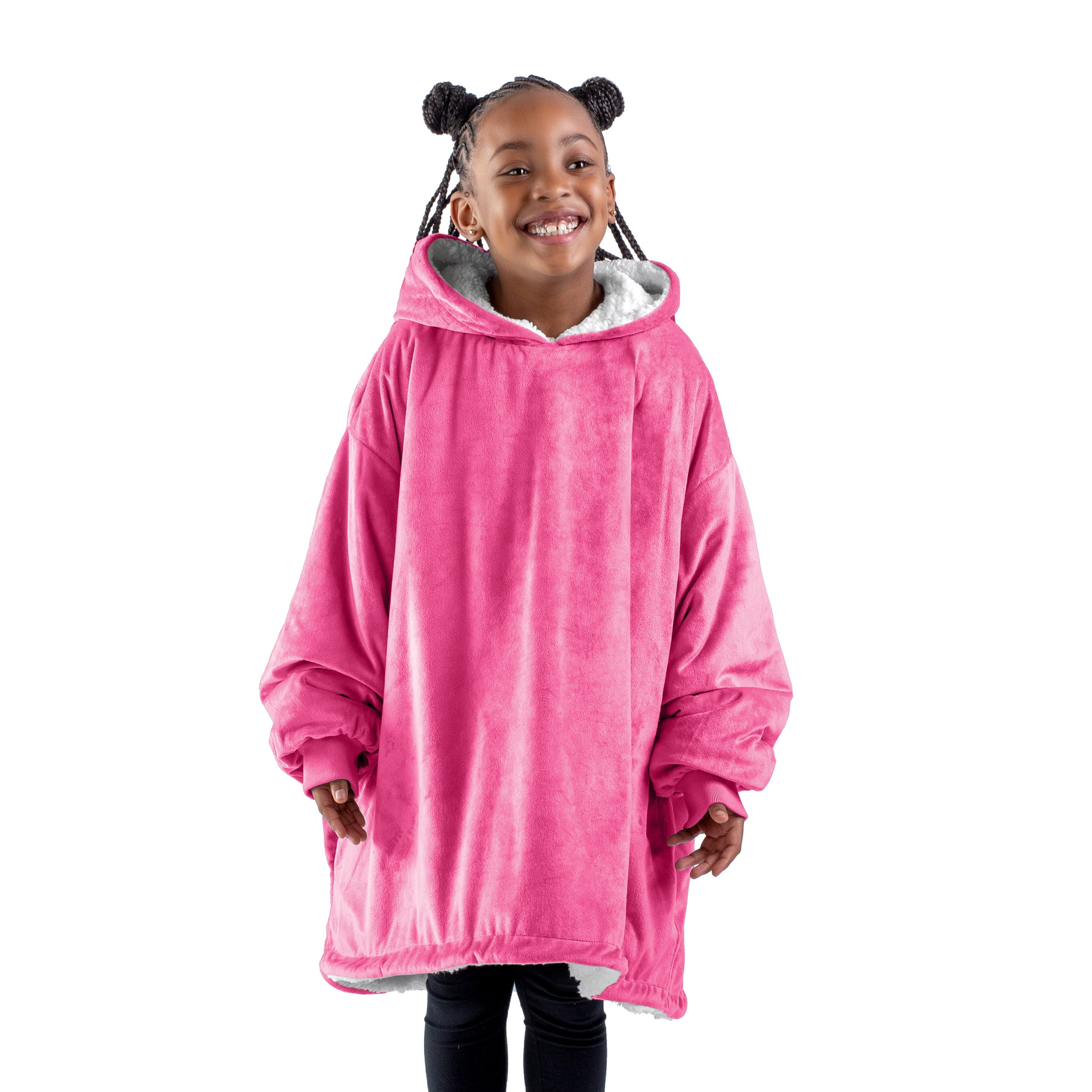 A child with a sherpa wearable blanket on