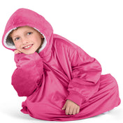 Close up of a sherpa wearable blanket on a child
