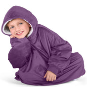 Close up of a sherpa wearable blanket on a child