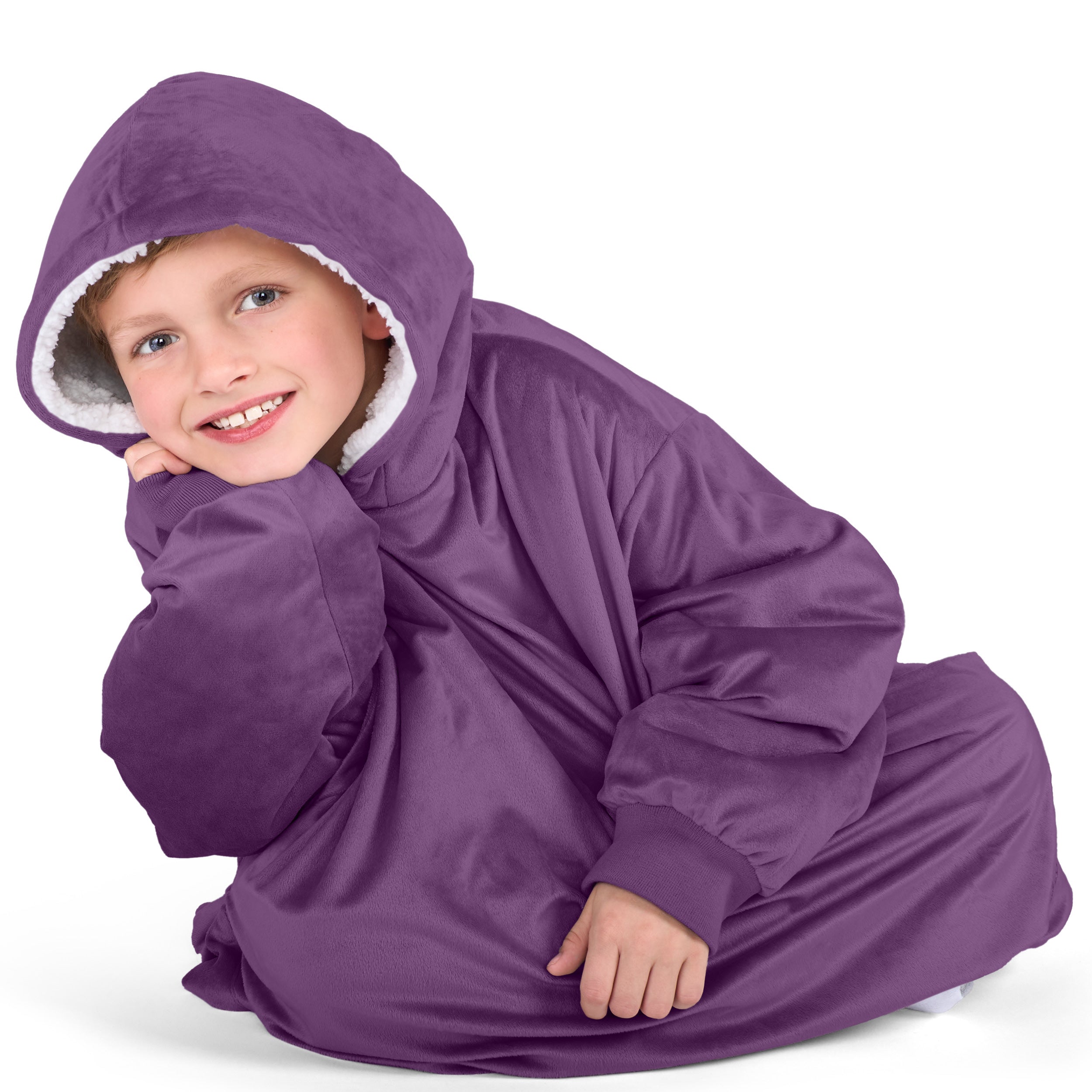Close up of a sherpa wearable blanket on a child