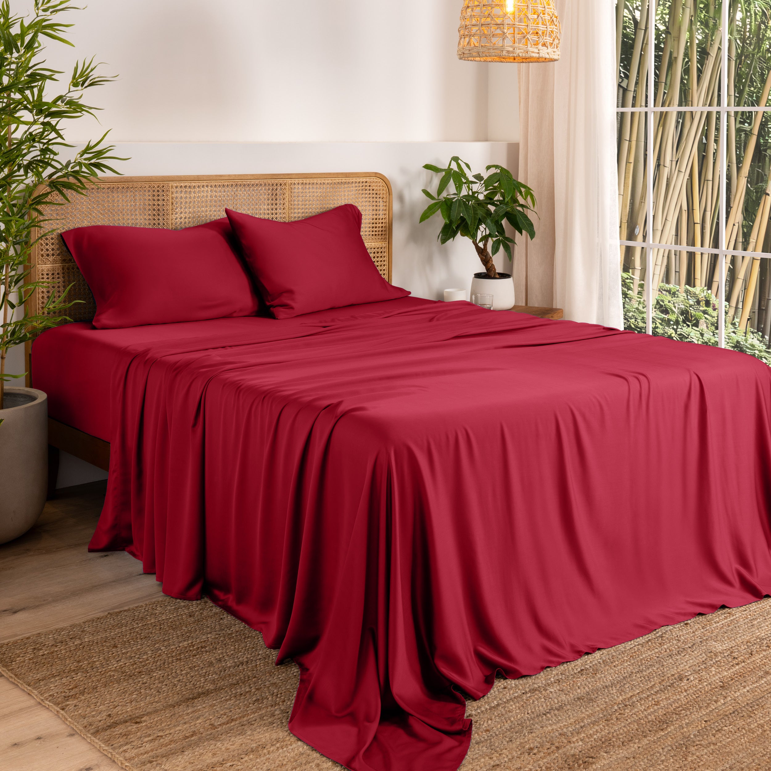Bamboo sheets on a bed in a bedroom with plants and a lamp.