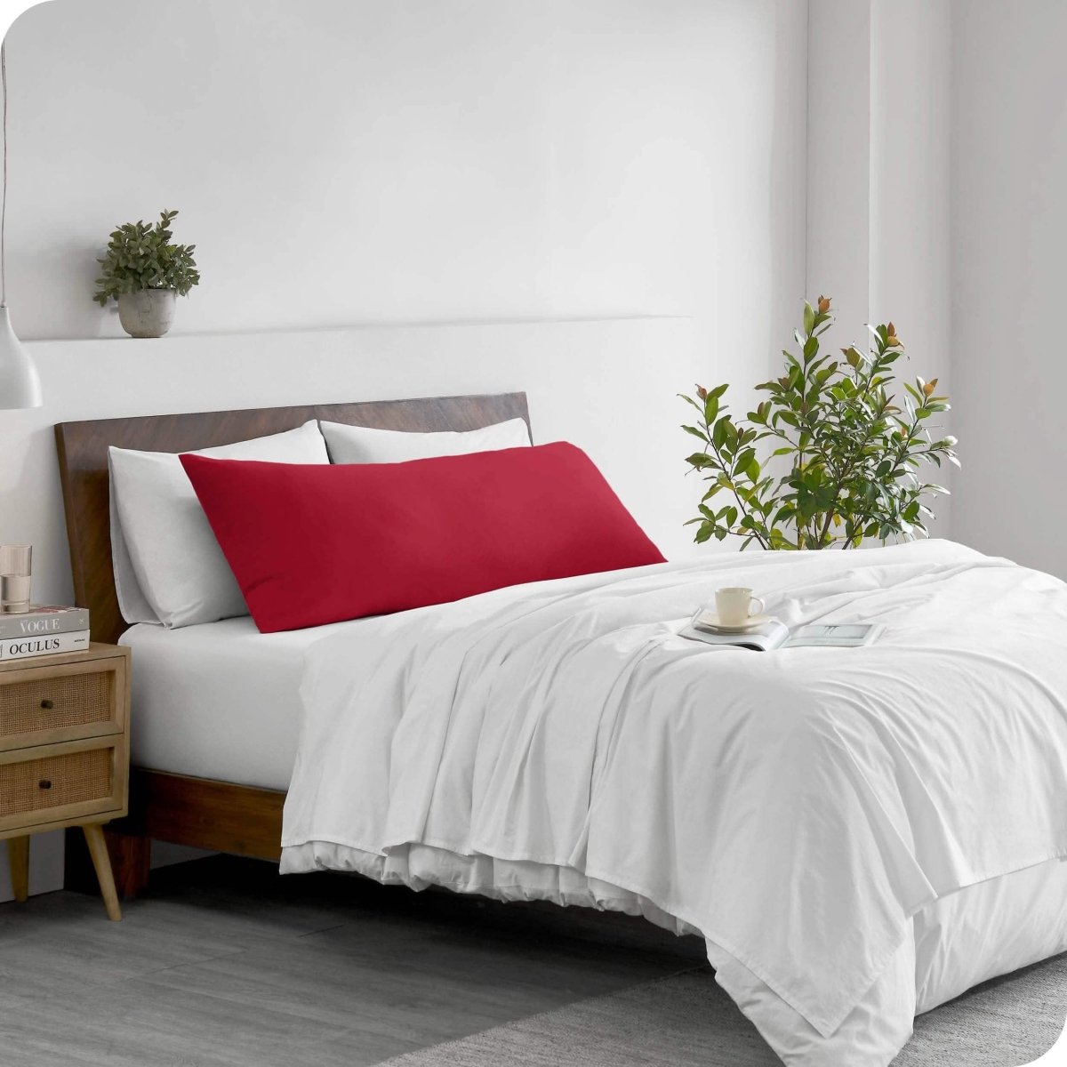 A body pillowcase on a pillow on a bed in a modern bedroom