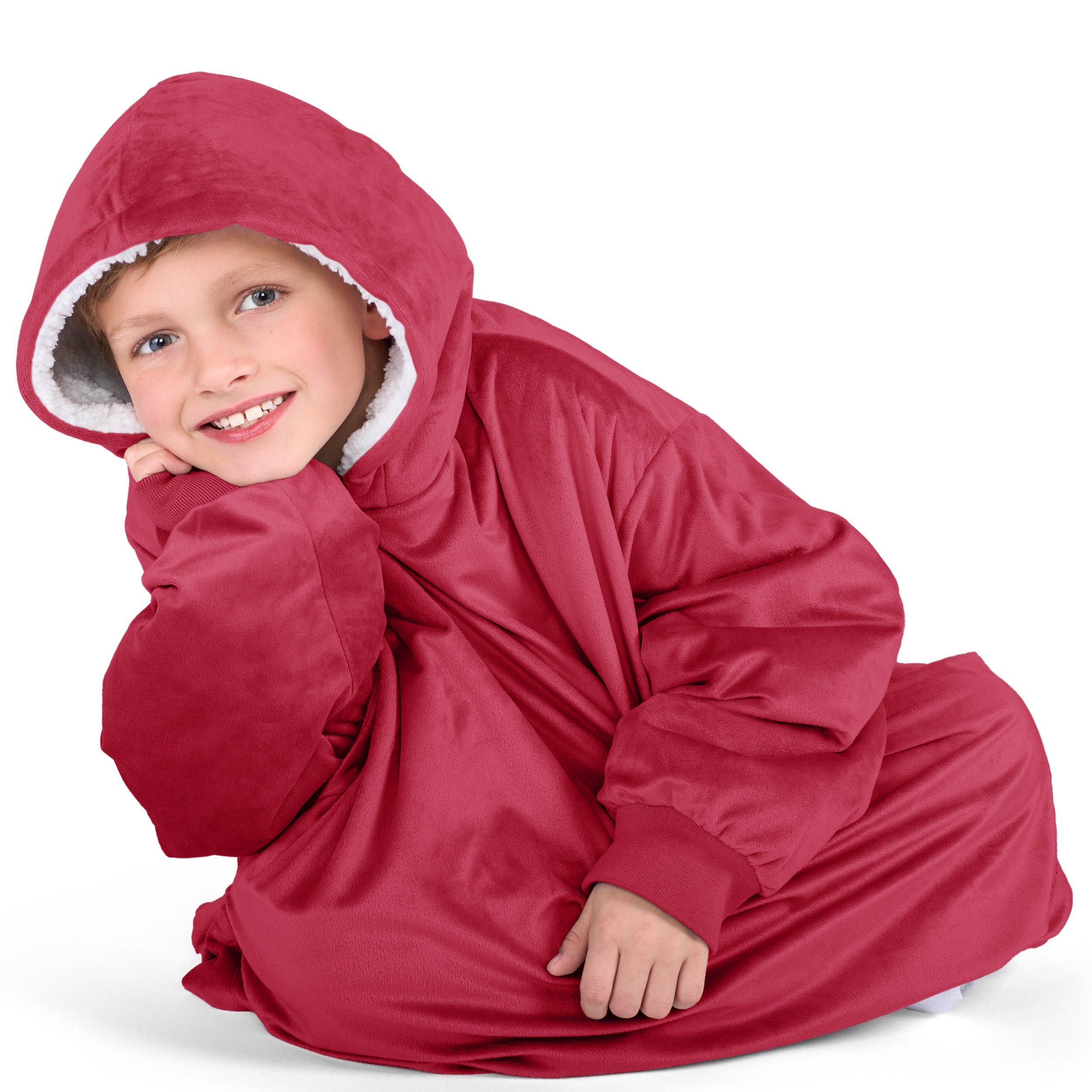 Close up of a sherpa wearable blanket on a child