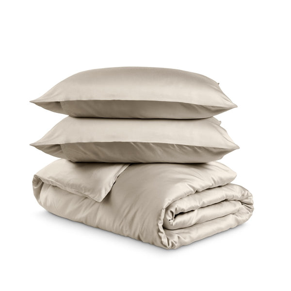 Bedding set with duvet cover and pillow shams on a white background