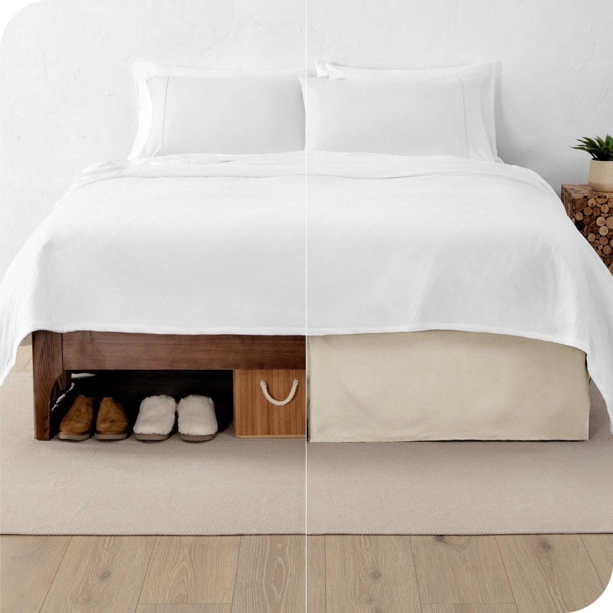 A split image showing a bed without a bed skirt on the left and with a bed skirt on the right.