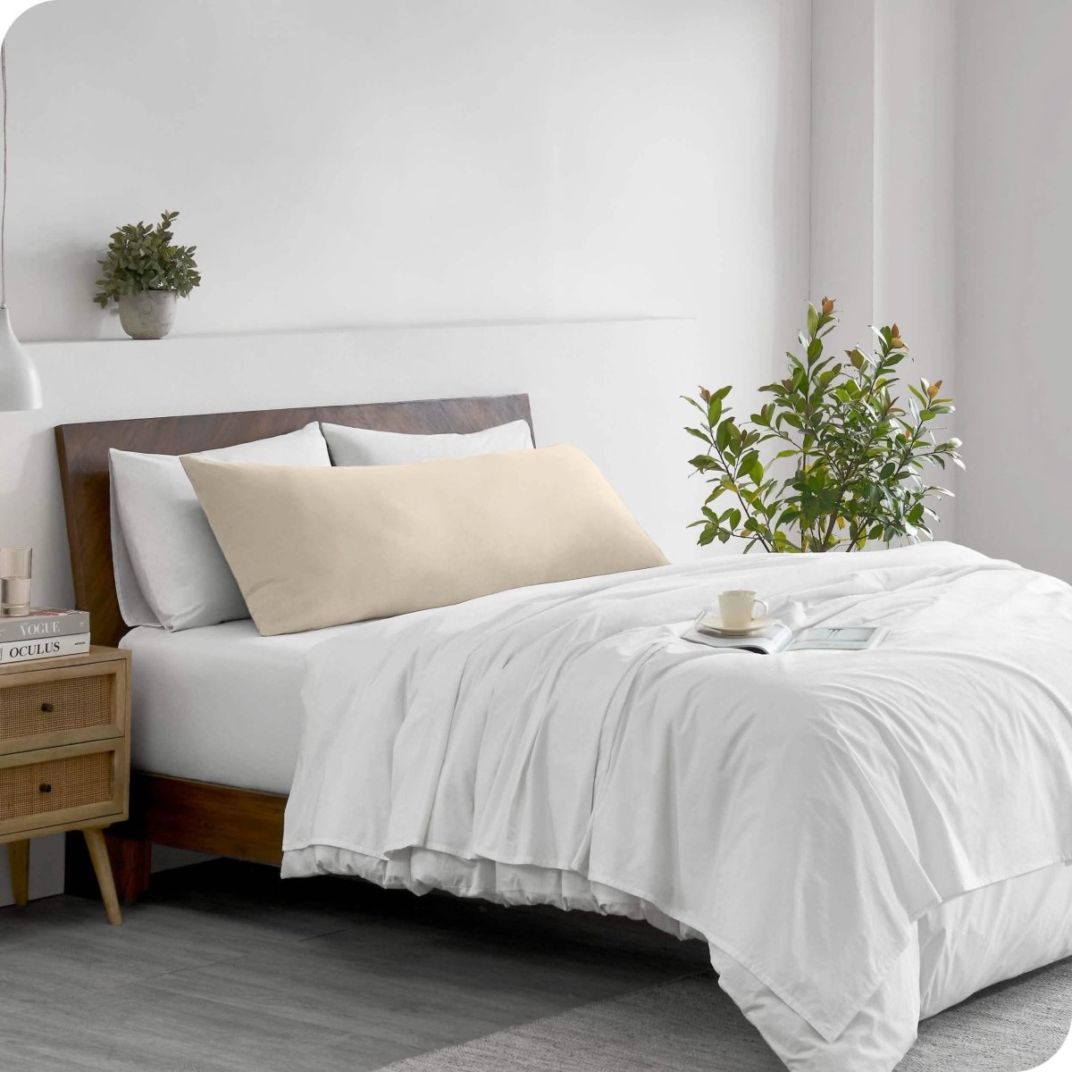 A body pillowcase on a pillow on a bed in a modern bedroom