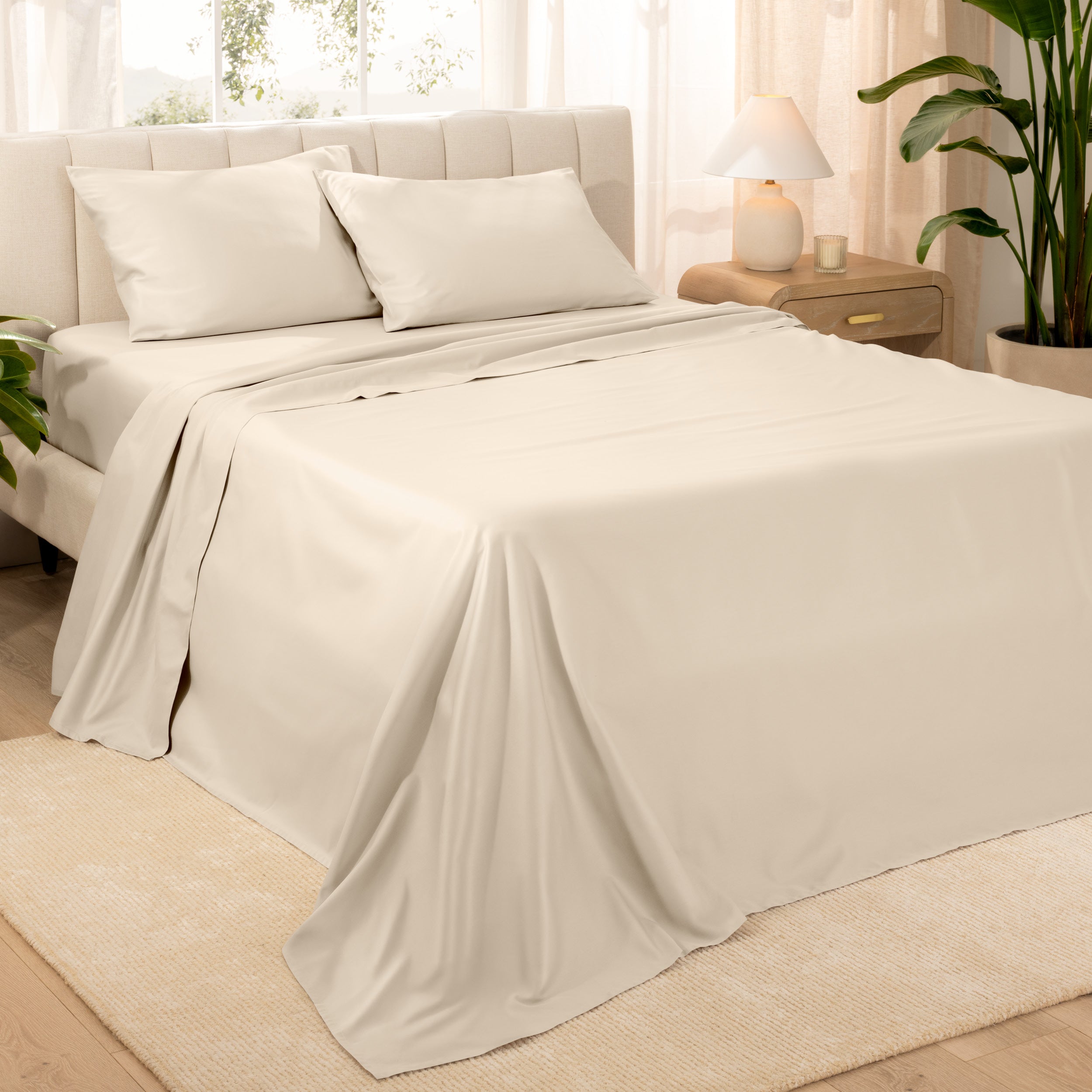 Modern bedroom with sateen sheets on the bed