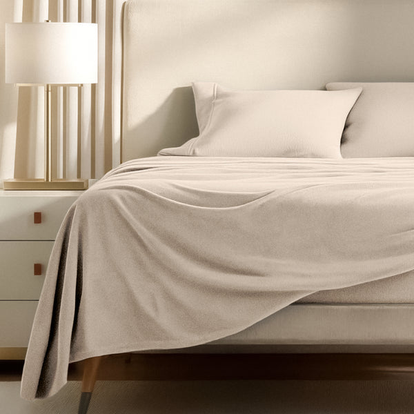 Polar fleece sheets on a bed