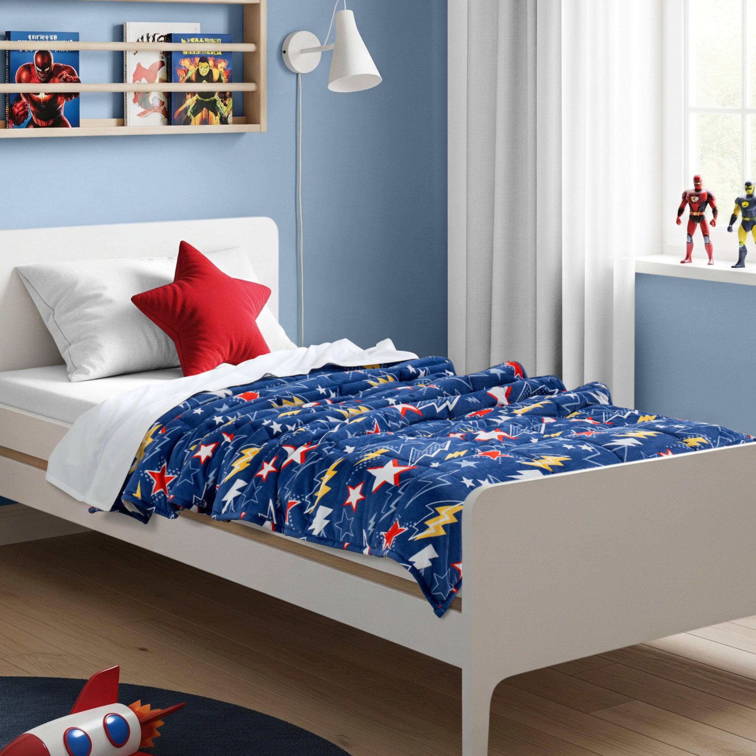 A weighted blanket laid out on a bed.