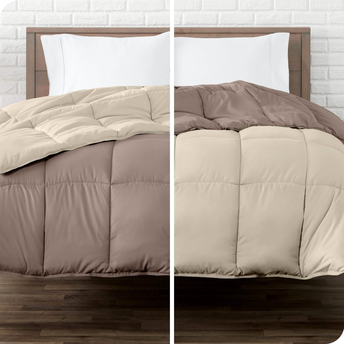 A split image of a reversible comforter showing both colors