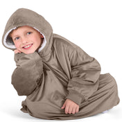 Close up of a sherpa wearable blanket on a child