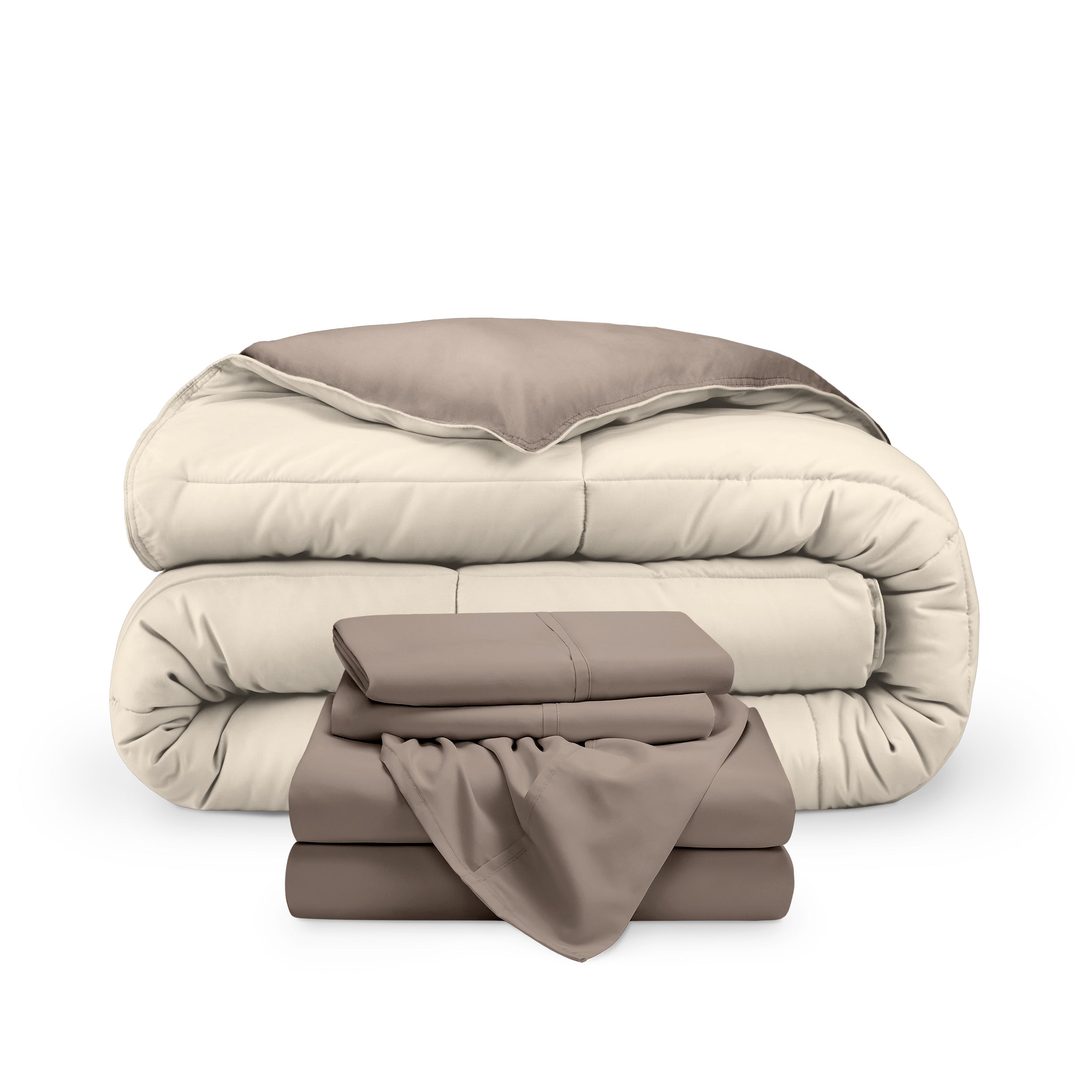 A reversible microfiber comforter and a coordinating sheet set folded and stacked