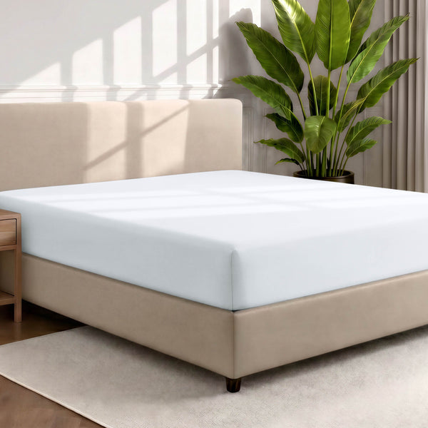 Bed with a fitted sheet in a room with a large plant and rug