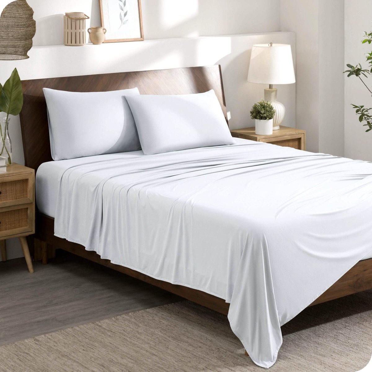 A modern bedroom set with a white sheet set on the bed