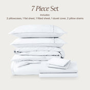 7-piece percale bedding set with pillowcases, flat sheet, fitted sheet, duvet cover, and pillow shams on a light background.