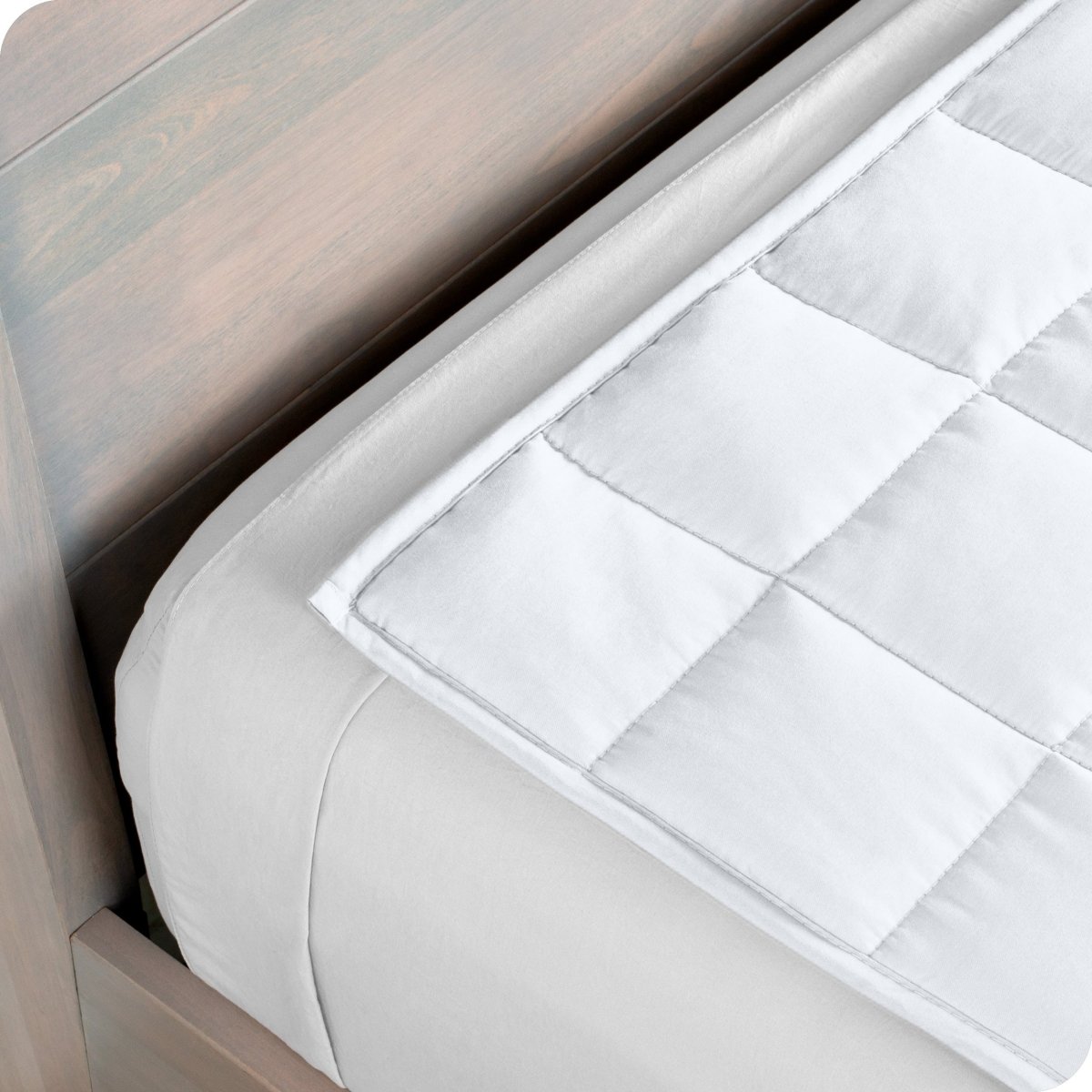 Close up of a weighted blanket on top of a bed made with white sheets